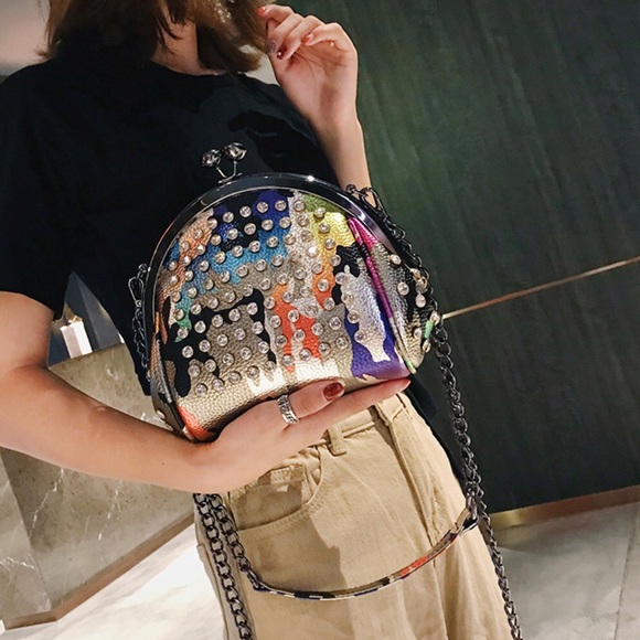 Lady Chic Rhinestones Kiss Lock PU Leather Chain Shoulder/Crossbody Bag - Picture 4 of 8